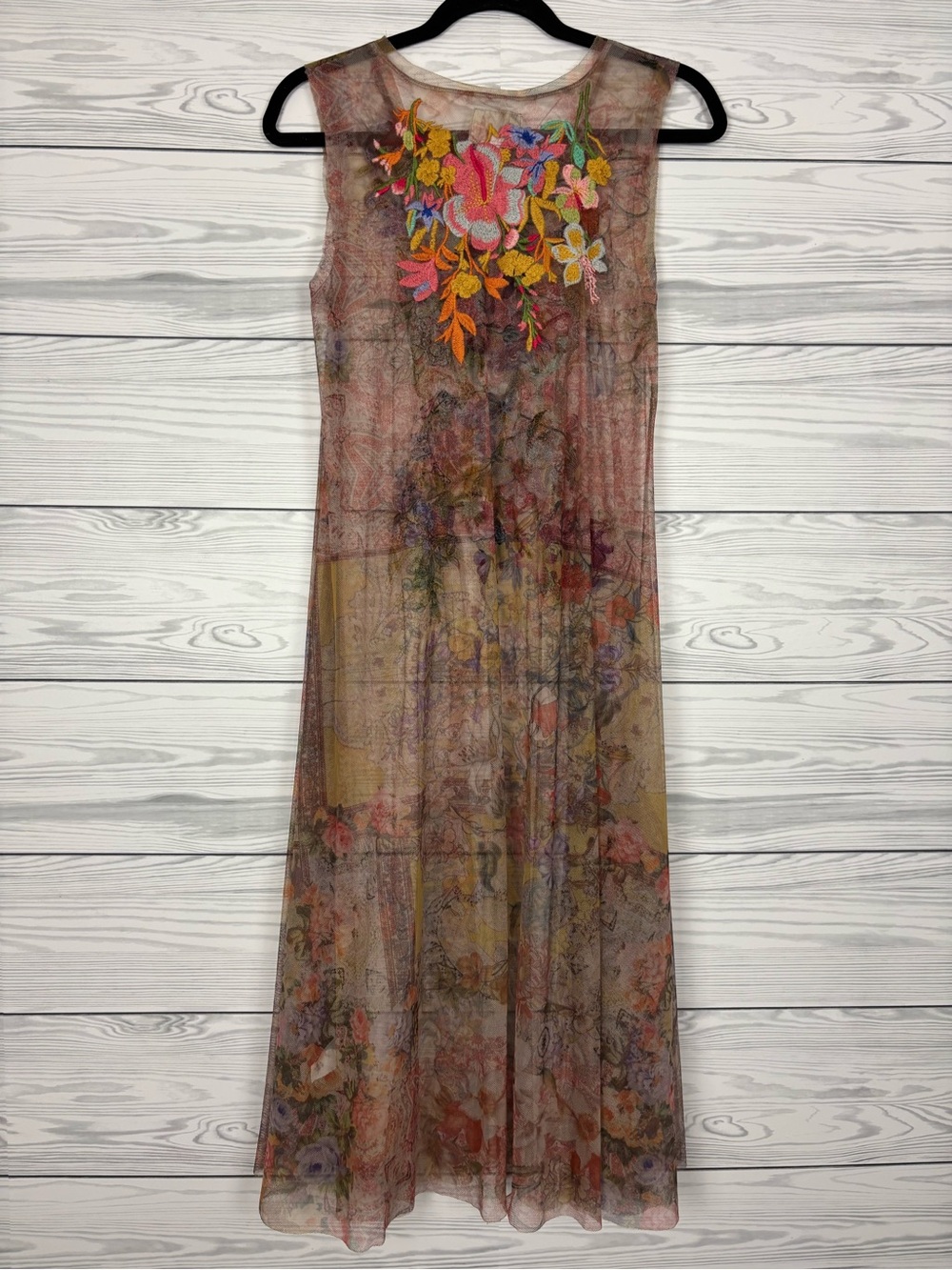 Johnny Was Sheer Floral Embroidered Dress in Pink, Blue, Green - Picture 6 of 10